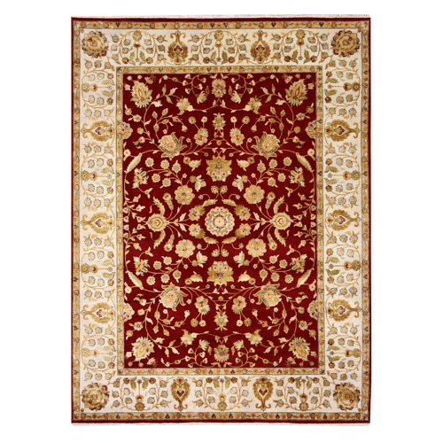 Burgundy Red, Rajasthan All Over Leaf Design Thick and Plush, Wool and Silk Hand Knotted, Oriental Rug