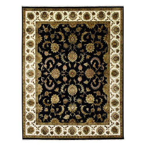 Midnight Black Wool and Silk Hand Knotted, Rajasthan Design Thick and Plush, Oriental Rug