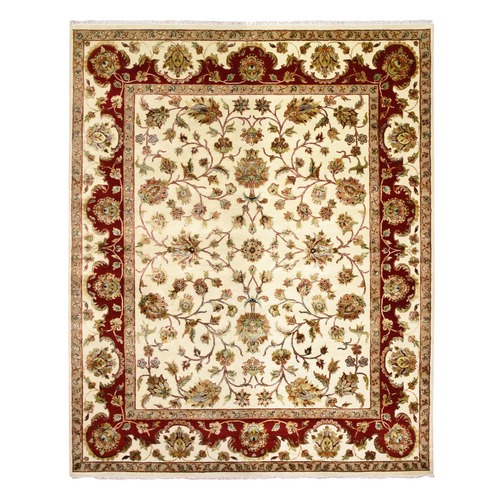 Ivory, Rajasthan with All Over Leaf Design Thick and Plush, Wool and Silk Hand Knotted, Oriental 