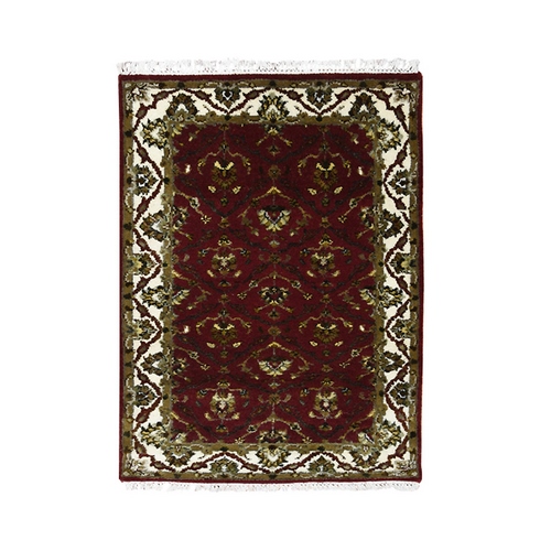 Burgundy Red, Wool and Silk Hand Knotted, Rajasthan All Over Leaf Design Thick and Plush, Mat Oriental Rug