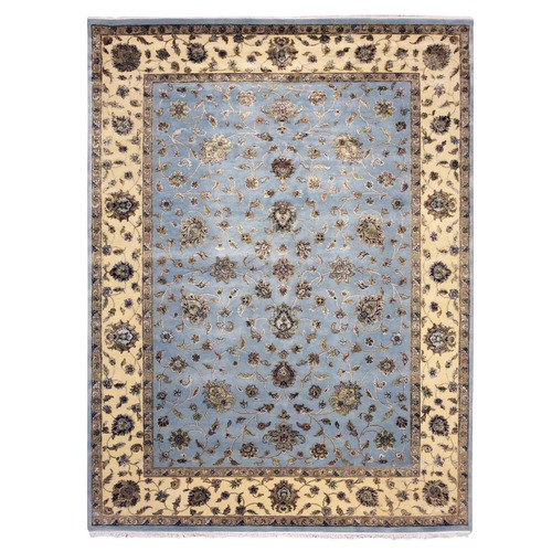 Blue Gray with Cornsilk, Rajasthan with All Over Flower Design, Dense Weave, Thick and Plush, Wool and Silk, Hand Knotted, Fine Oriental 