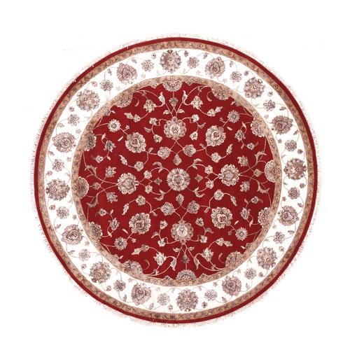 Red Dahlia and Chantilly Lace White, Wool and Silk, Hand Knotted, Rajasthan Design, Thick and Plush, All Over Leaf Pattern, Oriental Round Rug