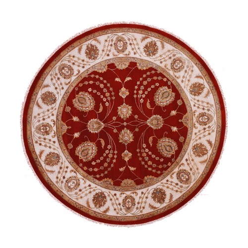 Cranberry Zing Red With Shoji White, Hand Knotted Wool and Silk Thick and Plush Soft Pile, All Over Rajasthan Leaf Design, Round Oriental Rug