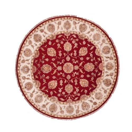 Rhubarb Red With Linen White, Wool and Silk Hand Knotted Thick and Plush, Soft Pile, Rajasthan Design and All Over Leaf Pattern, Round Oriental 