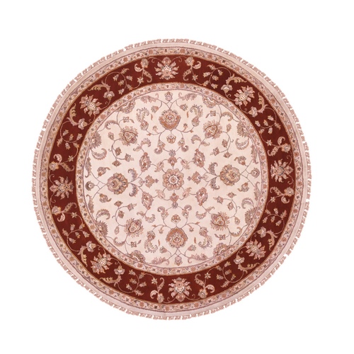 Soft Chamois White With Crimson Red Border, Hand Knotted Wool and Silk, Thick and Plush, Rajasthan Design With All Over Leaf Elements, Oriental Round 