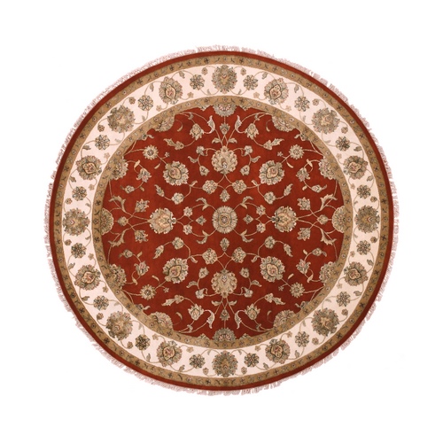 Hot Ember Red, Hand Knotted, Rajasthan Design With Ivory Border, Thick and Plush, All Over Pattern, Wool and Silk, Round Oriental Rug