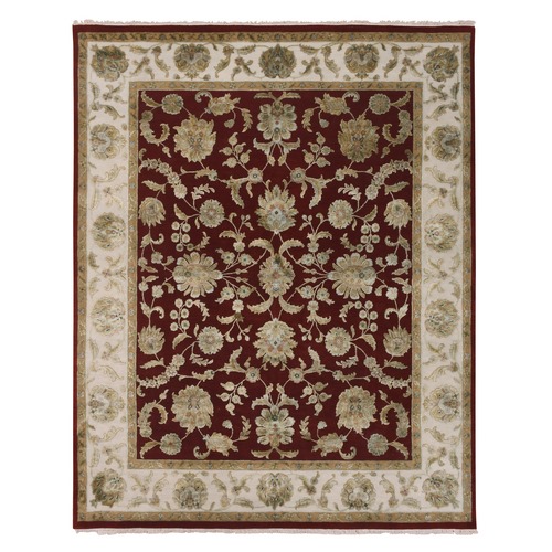 Heritage Red With Falling Snow White Border, Rajasthan Thick and Plush With All Over Leaf Design, Wool and Silk, Hand Knotted, Oriental Rug