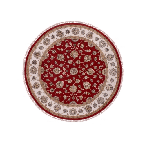 Exotic Red, Hand Knotted All Over Leaf Pattern, Thick and Plush, Wool and Silk, Rajasthan Design, Oriental Round Rug 