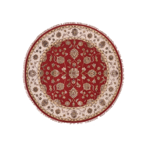 Caliente Red With Cloud White, Rajasthan Design All Over Pattern, Hand Knotted Thick and Plush, Wool and Silk, Round Oriental Rug 