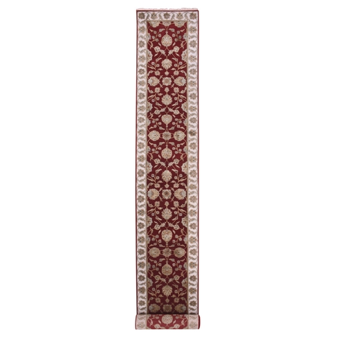 Moroccan Red, Ivory Border, Thick and Plush, Rajasthan Design All Over Leaf Motifs, Wool and Silk, Hand Knotted XL Runner Oriental Rug