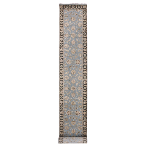 Cathedral Gray and Raisin Brown, Hand Knotted, Thick and Plush, Rajasthan All Over Leaf Pattern, Wool and Silk, XL Runner Oriental 
