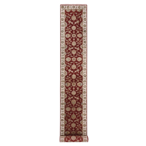 Sundried Tomato Red and Mayonnaise White, Hand Knotted Thick and Plush, Rajasthan Design, All Over Leaf Design, Wool and Silk, XL Runner Oriental Rug