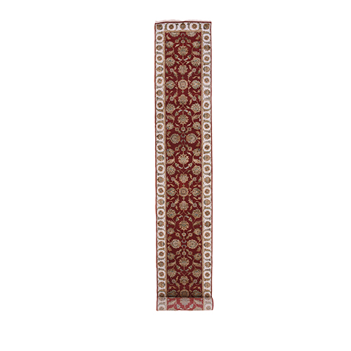 Currant Red, Rajasthan Design and All Over Leaf Elements, Hand Knotted Wool and Silk, Thick and Plush Soft Pile, Oriental XL Runner Rug