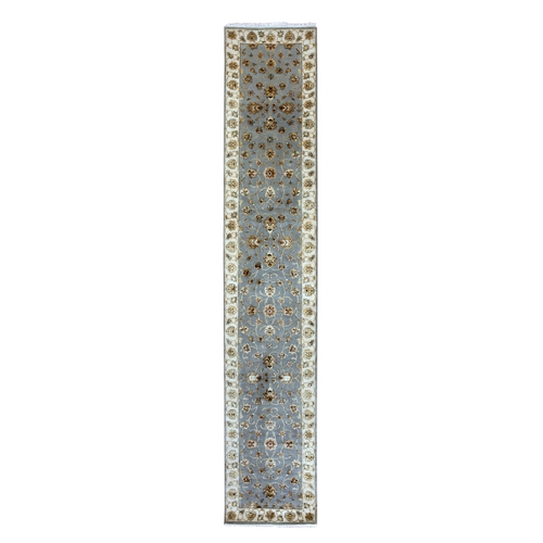 Yarmouth Blue and Downy White, Hand Knotted Rajasthan All Over Leaf Design, Silk and Wool Thick and Plush, Soft Pile Oriental Runner 