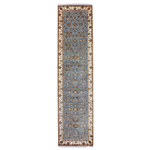 Windy Blue, Greek Villa White Border, Hand Knotted, Rajasthan All Over Leaf Design Soft Pile, Wool and Silk, Thick and Plush, Oriental Runner Rug