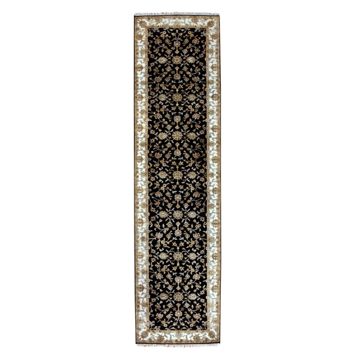 Pitch Black and Incredible White, Thick and Plush, Rajasthan Wool and Silk All Over Leaf Design, Hand Knotted Runner Oriental 