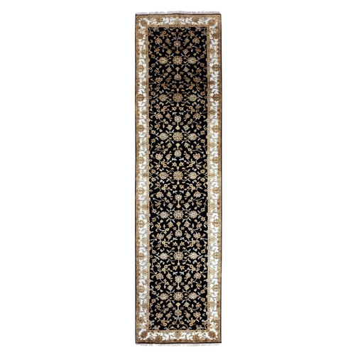 Caviar Black, Wool and Silk Rajasthan Design Thick and Plush, All Over Leaf Pattern, Hand Knotted Oriental Runner 