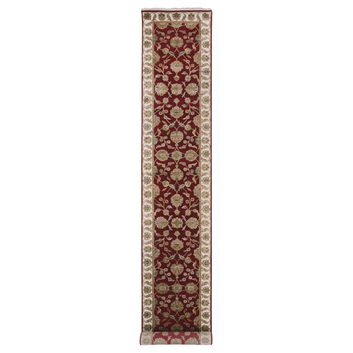 Heirloom Red With Daisy White, Rajasthan Design With All Over Leaf Design, Hand Knotted Wool and Silk, Thick and Plush, Soft Pile, Oriental XL Runner Rug