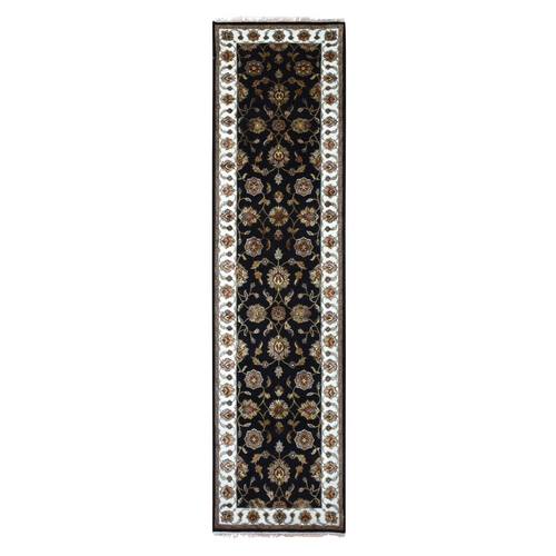 Oyster Black, Hand Knotted Wool and Silk Rajasthan Design With All Over Leaf Motifs, Thick and Plush Oriental Runner Rug