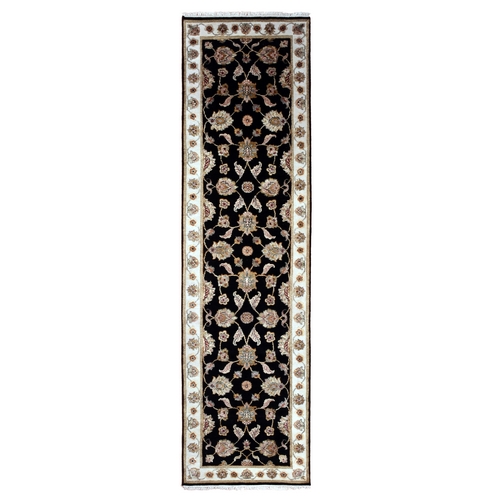 Licorice Black and Alabaster White, Thick and Plush Wool and Silk, Hand Knotted Rajasthan All Over Leaf Design, Runner Oriental Rug
