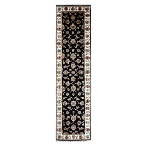 Raisin Black With Ivory Border, Hand Knotted Rajasthan Design Wool and Silk With All Over Leaf Pattern, Thick and Plush, Runner Oriental Rug