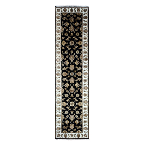 Bristol Black, Rajasthan Design All Over Leaf Motifs, Hand Knotted Wool and Silk Thick and Plush, Runner Oriental Rug