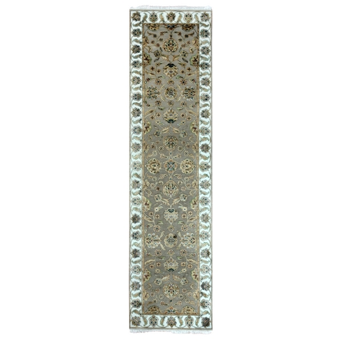 Amphora Brown and Daisy White, Rajasthan Wool and Silk Leaf Design, Thick and Plush, Hand Knotted Runner Oriental Rug 