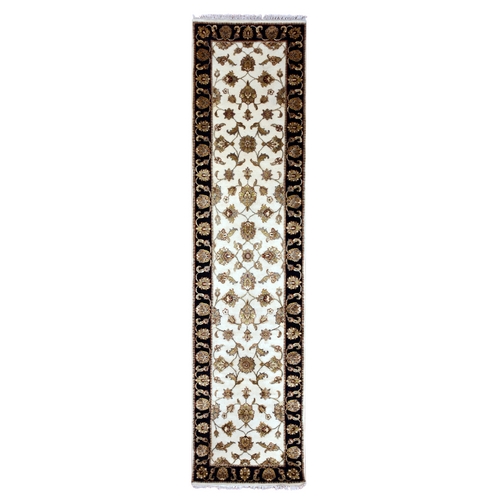 Parchment White, Rajasthan Wool and Silk Leaf Design, Thick and Plush, Hand Knotted Runner Oriental Rug 