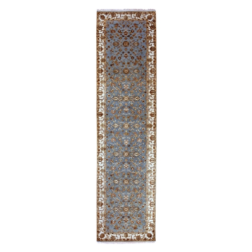 Dockside Blue, Hand Knotted Rajasthan Design, All Over Pattern, Wool and Silk, Thick and Plush, Runner Oriental 