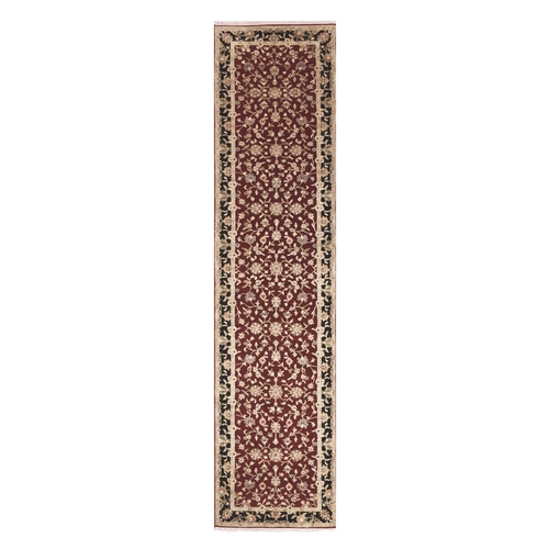 Rookwood Red, Soft Pile Silk and Wool, Hand Knotted All Over Rajasthan Leaf Design, Oriental Thick and Plush Runner Rug