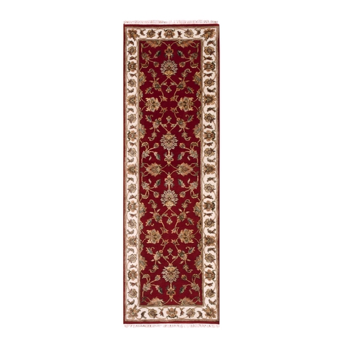 Syrah Red With Silky White, Rajasthan Hand Knotted All Over Leaf Pattern, Thick and Plush, Oriental Wool and Silk Runner 