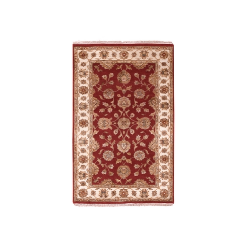 Dutch Tulip Red, Ivory Border, All Over Motifs, Rajasthan Design, Hand Knotted Thick and Plush, Vibrant Wool and Silk, Oriental Rug 