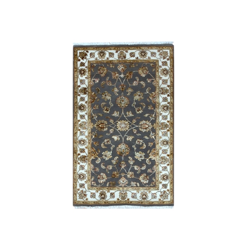 Magnet Gray, Hand Knotted Wool and Silk, Rajasthan With Thick and Plush All Over Leaf Design, Oriental Rug