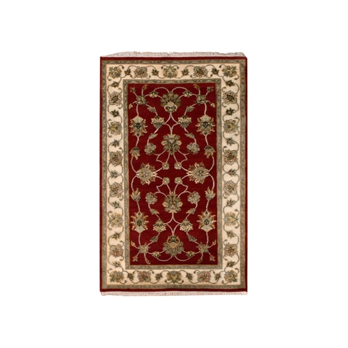 Rapture Red, Acadia White Border, Hand Knotted Wool and Silk, Thick and Plush, Rajasthan Design With All Over Leaf Pattern, Oriental Rug