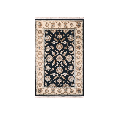 Pitch Black With Grant Beige, Wool and Silk, Rajasthan with All Over Leaf Design, Hand Knotted, Thick and Plush Oriental Rug