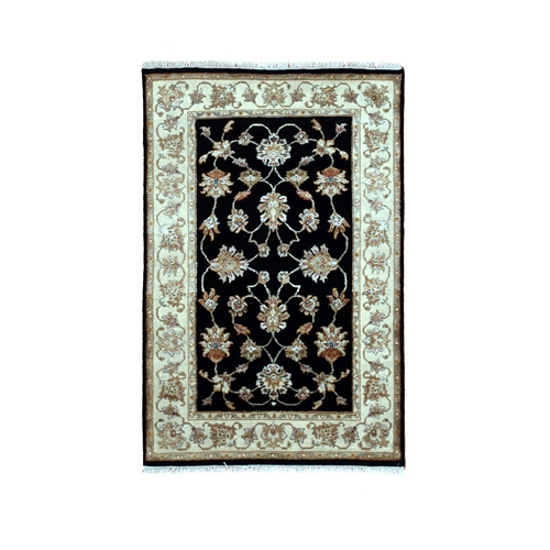 Grease Black, Rajasthan All Over Leaf Design, Thick and Plush, Soft Pile, Hand Knotted Wool and Silk, Oriental Rug