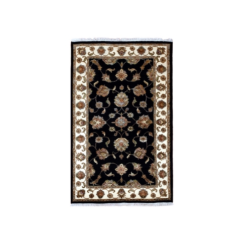 Metal Black With Elmira White Border, Rajasthan Wool and Silk, Hand Knotted All Over Leaf Design, Thick and Plush, Soft Pile, Oriental Rug