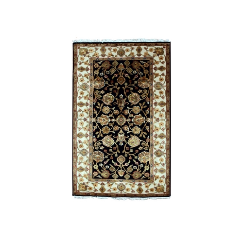 Slate Black and Dove White, Thick and Plush Soft Pile, Hand Knotted Wool and Silk, Rajasthan Design With All Over Leaf Motifs, Oriental Rug