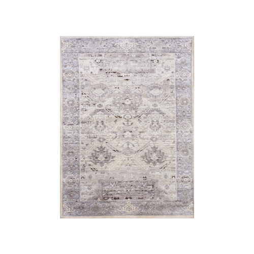 Gray, Oushak With Geometric Motif, Pure Silk And Textured Wool Hand Knotted, Oriental Rug