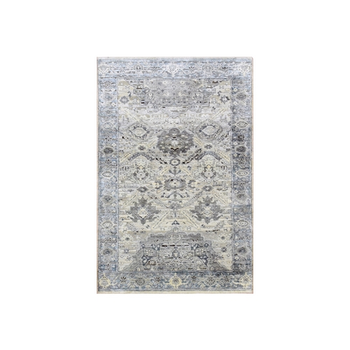 Gray, Hand Knotted Oushak With Geometric Motif, Pure Silk And Textured Wool, Oriental 