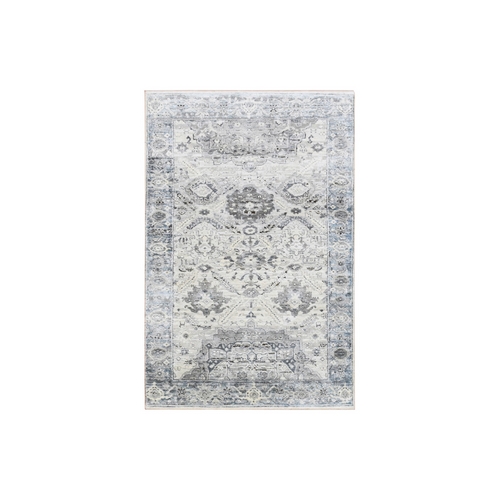 Gray, Pure Silk And Textured Wool Hand Knotted, Oushak With Geometric Motif, Oriental Rug