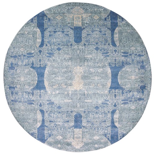 Blue Hand Knotted Jewellery Design with Soft Colors Wool and Pure Silk Round Oriental Rug