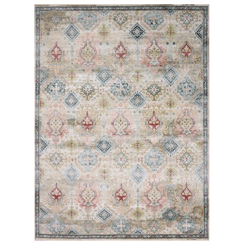 Stone Washed, Pure Wool Hand Knotted, Caucasian Gul Motifs Zero Pile with Distinct Abrash, Distressed and Sheared Down, Oriental 