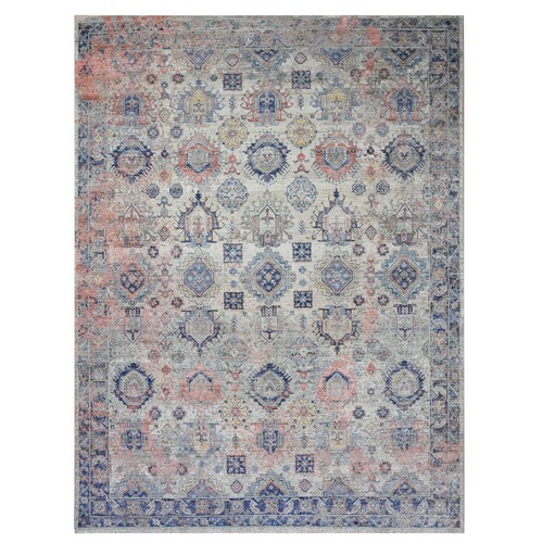 Stone Washed, Caucasian Gul Motifs, Zero Pile with Distinct Abrash, Distressed and Sheared Down, Pure Wool Hand Knotted, Oriental 