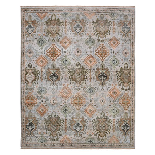 Stone Washed, Hand Knotted Caucasian Gul Motifs, Zero Pile with Distinct Abrash, Distressed and Sheared Down, Pure Wool, Oriental Rug