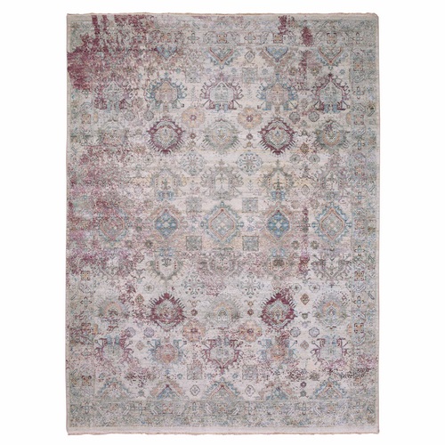 Stone Washed, Hand Knotted Caucasian Gul Motifs, Zero Pile with Distinct Abrash, Distressed and Sheared Down Pure Wool, Oriental 