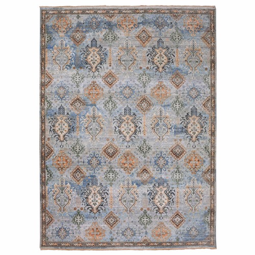 Stone Washed, Distressed and Sheared Down Pure Wool Hand Knotted, Caucasian Gul Motifs Zero Pile with Distinct Abrash, Oriental Rug