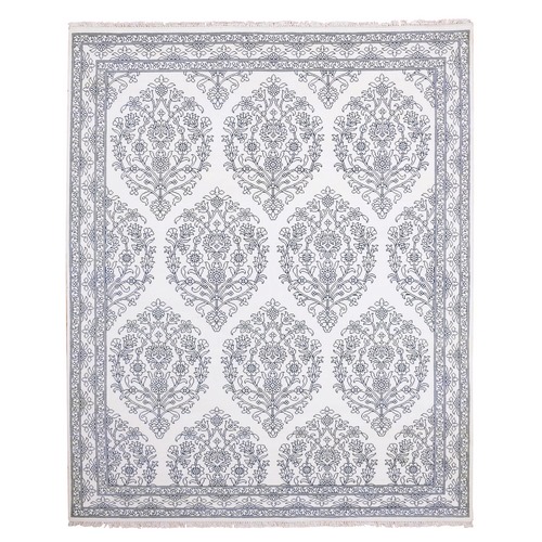 Ivory, Hand Knotted 100% Cotton, Agra with Mughal Flower Bouquet Design, Oriental Rug