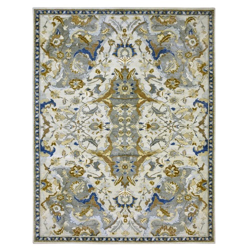 Daisy White, Hand Knotted, Polonaise Czartoryski with Persian Isphahan Inspired Design, Distinct Abrash, Zero Pile, Pure Wool Oriental Rug