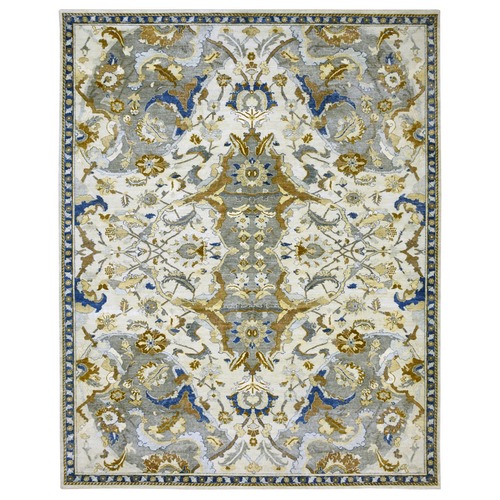 Powder White, Polonaise Czartoryski with Persian Isphahan Inspired Design, 100% Wool, Distinct Abrash, Hand Knotted, Zero Pile, Oversized, Oriental 